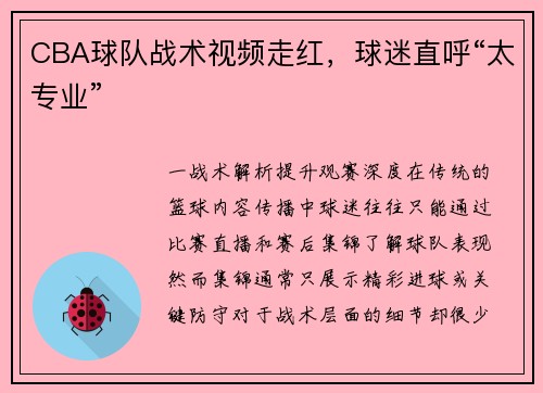 CBA球队战术视频走红，球迷直呼“太专业”